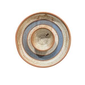 Vintage Handmade Signed Stoneware Chip & Dip Bowl Tan & Blue